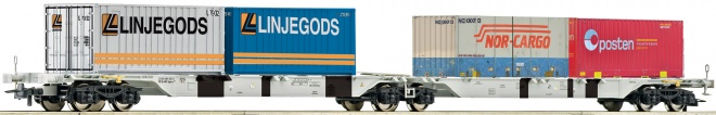 Twin unit Flat car of AAE loaded with 4 various 20' containers<br /><a href='images/pictures/Roco/161467.jpg' target='_blank'>Full size image</a>